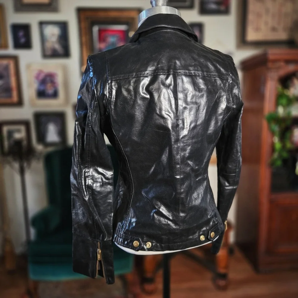 Calvin Klein Leather Jacket Y2K Sample Production Moto Black Fitted Rare GIII‎